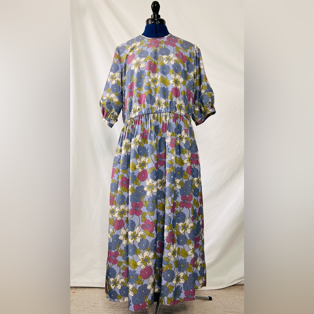 YMC London Floral Midi Smock Dress Size S 70s Mod Blue Pink Cotton Garden - Picture 2 of 16